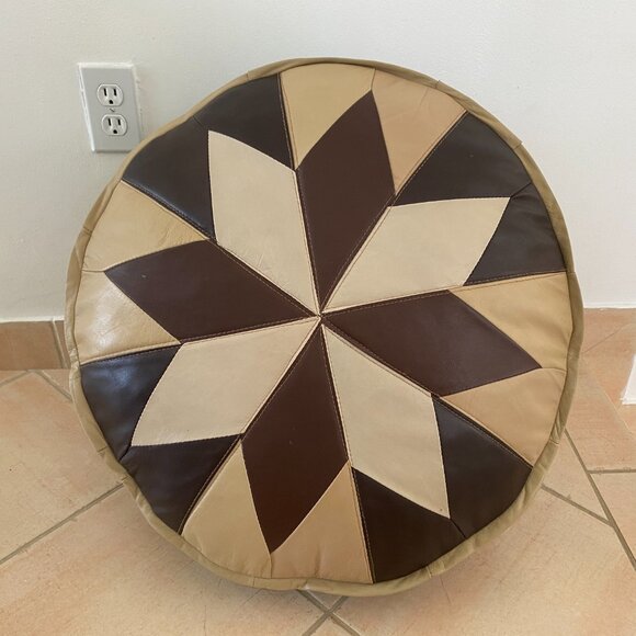 Round Leather Pouf Ottoman - Picture 2 of 5